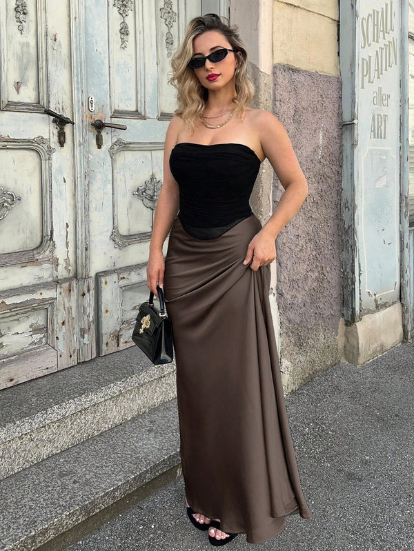 THE COCOA HIGH-WAIST SATIN MAXI SKIRT