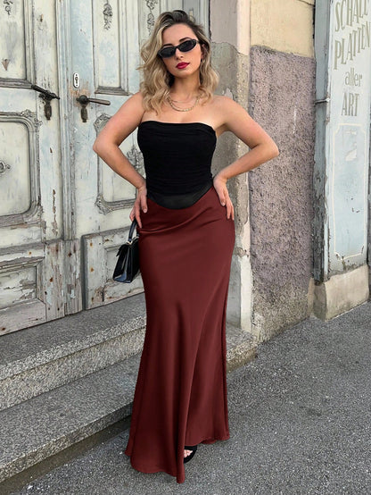 THE BURGUNDY HIGH-WAIST SATIN MAXI SKIRT
