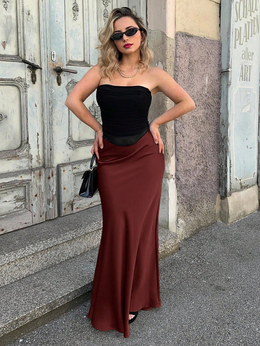 THE BURGUNDY HIGH-WAIST SATIN MAXI SKIRT