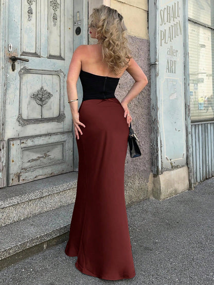 THE BURGUNDY HIGH-WAIST SATIN MAXI SKIRT