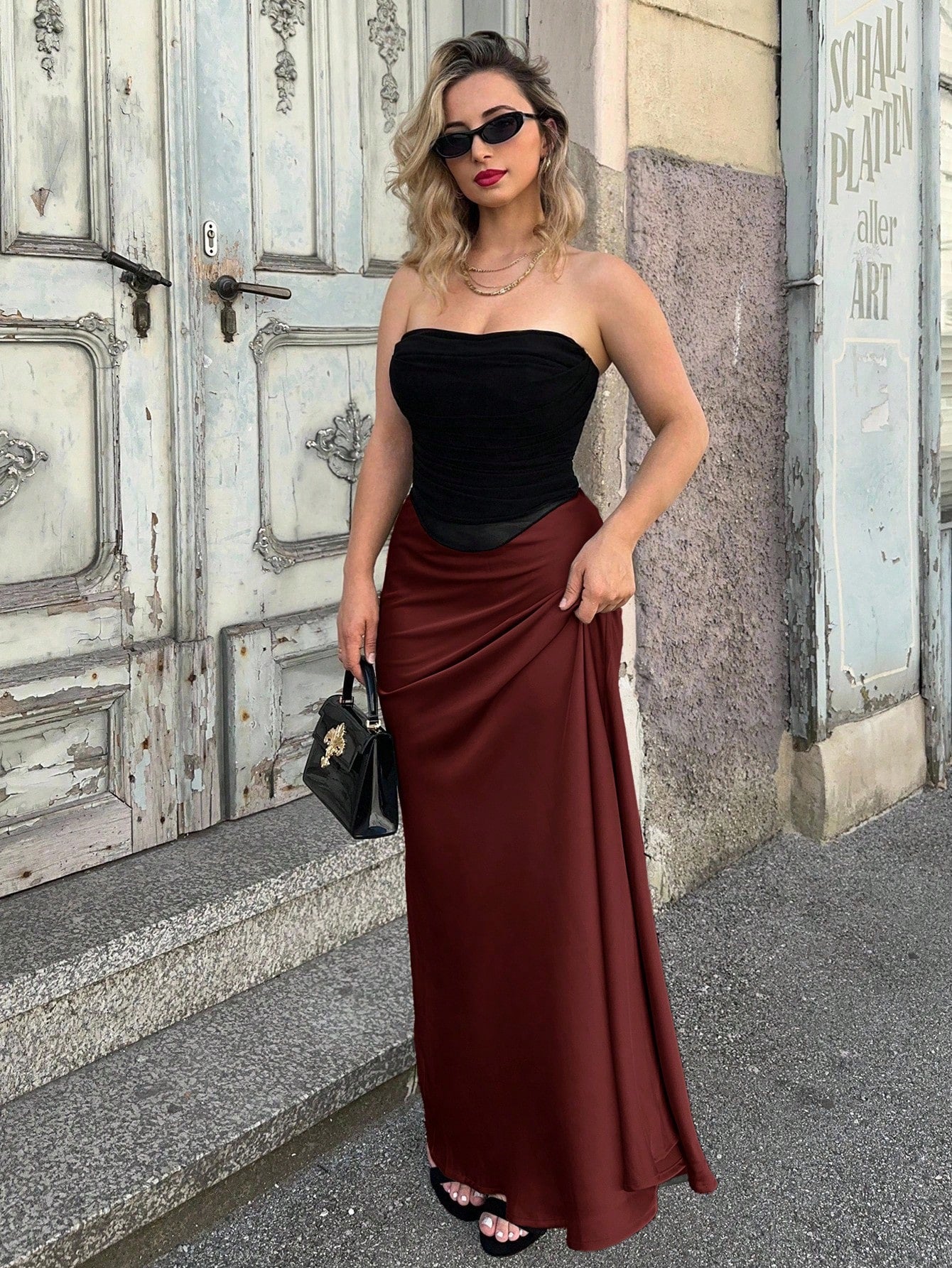 THE BURGUNDY HIGH-WAIST SATIN MAXI SKIRT