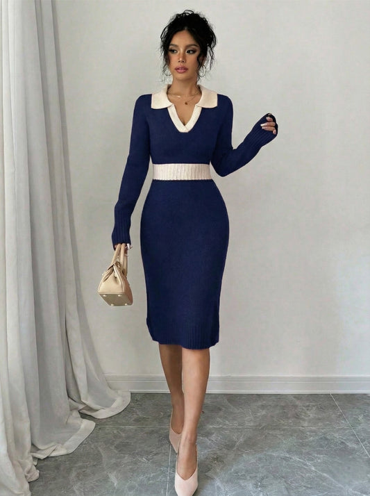 Chiquease Solid Color V-Neck Knit Sweater Dress