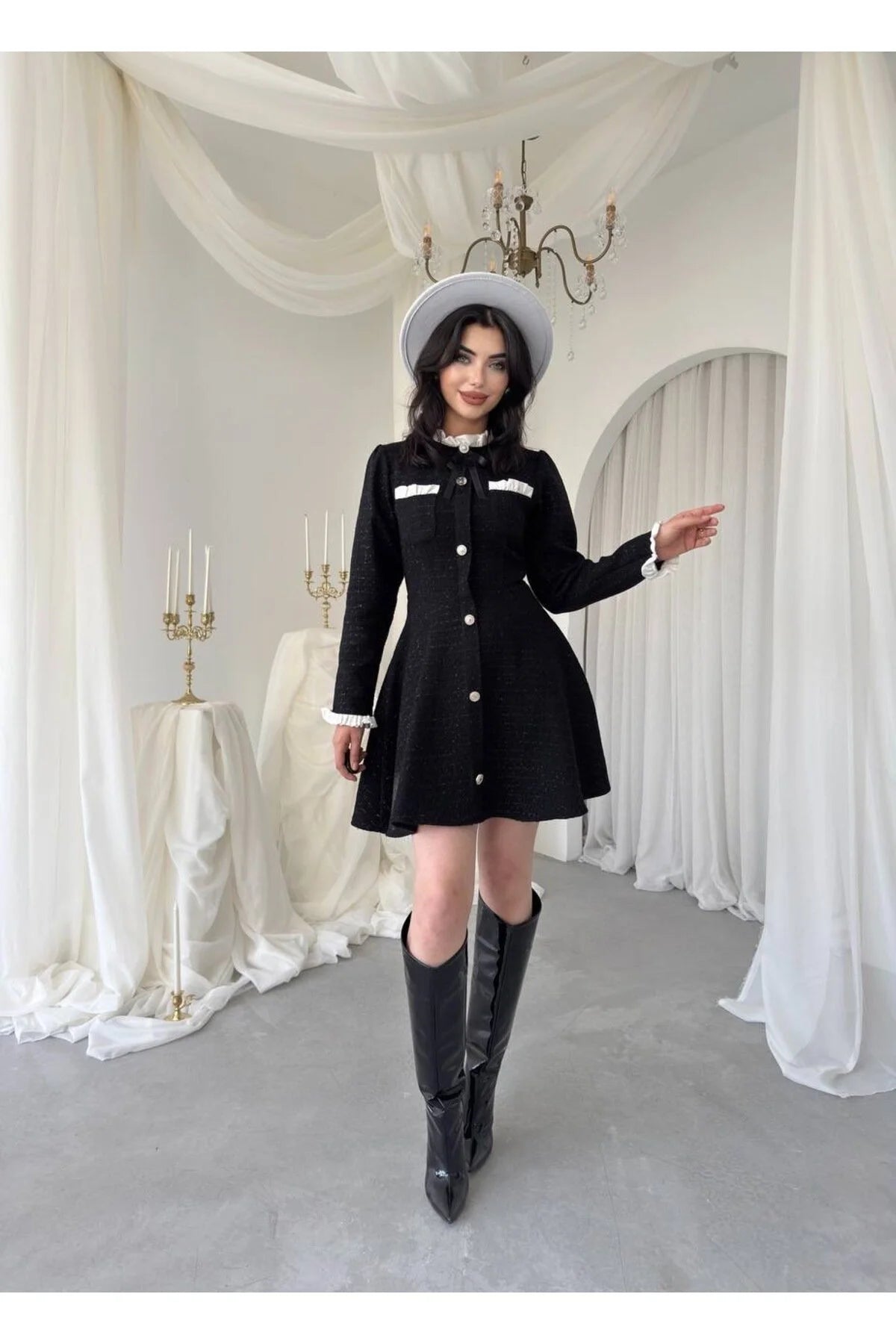 SHEIN MOD Plus Contrast Trim Bow Front Tweed Dress