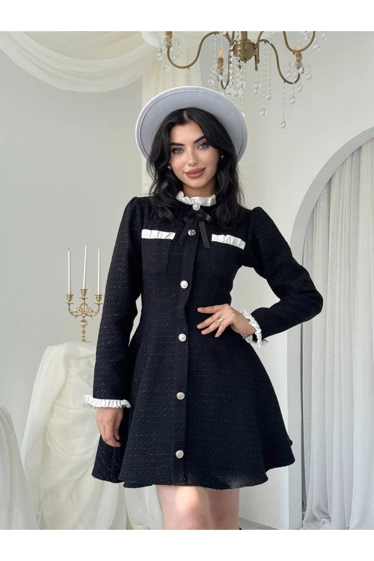 SHEIN MOD Plus Contrast Trim Bow Front Tweed Dress