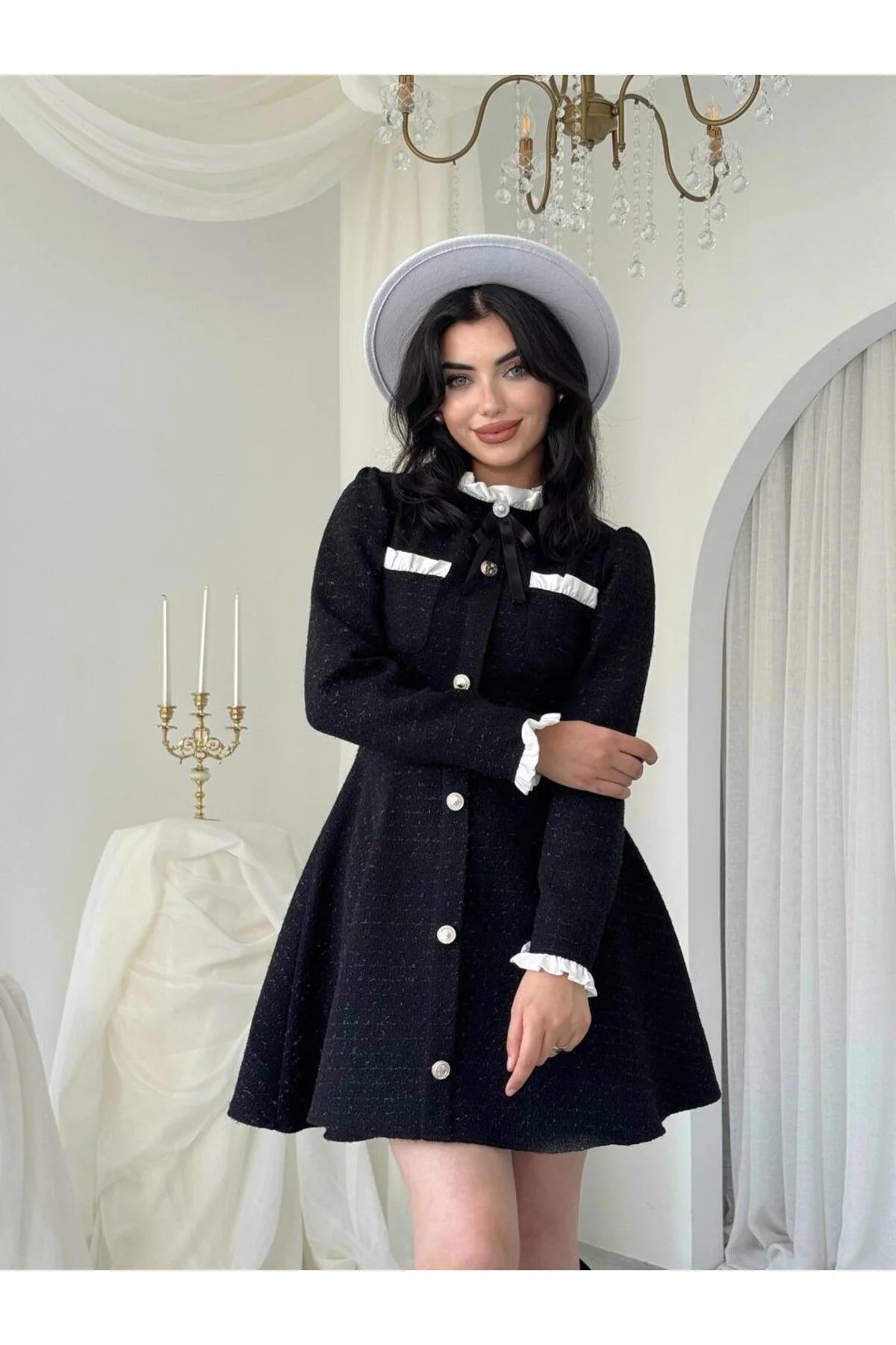 SHEIN MOD Plus Contrast Trim Bow Front Tweed Dress