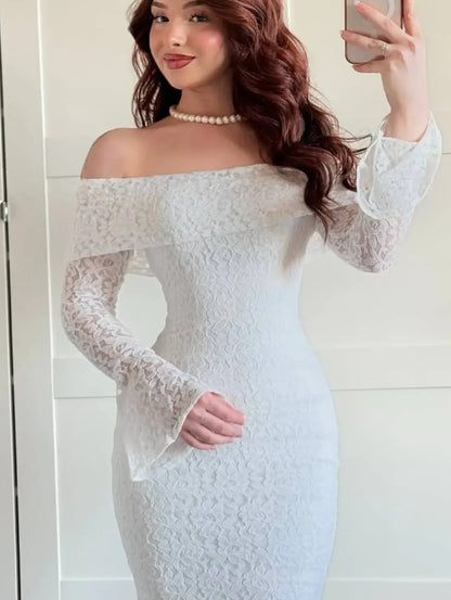 The Ethereal Off-Shoulder Lace Gown - White