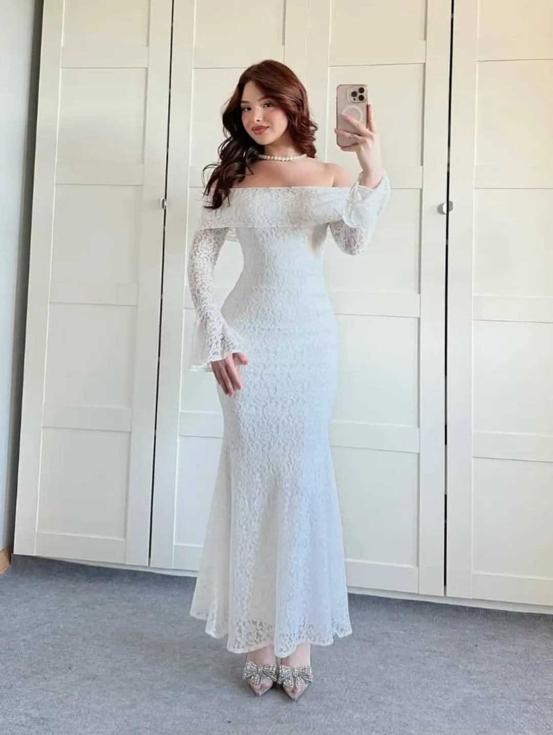 The Ethereal Off-Shoulder Lace Gown - White
