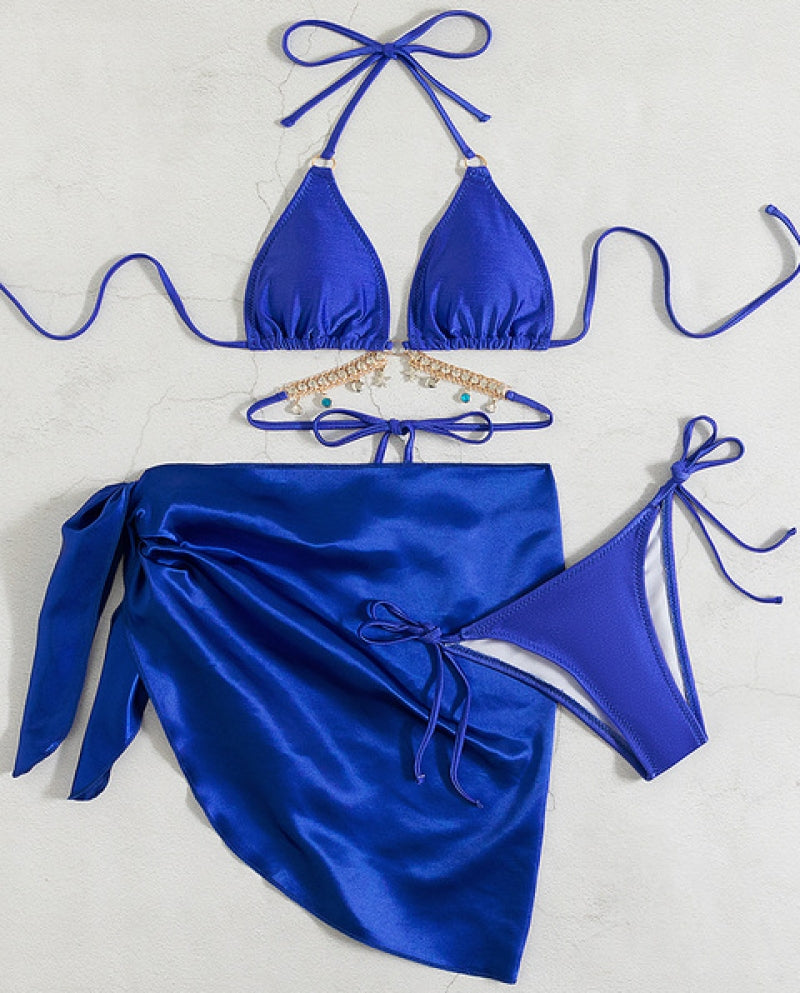 SHEIN Chain Detail Triangle Bikini Set With Beach Skirt
