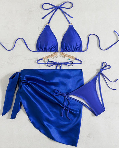SHEIN Chain Detail Triangle Bikini Set With Beach Skirt