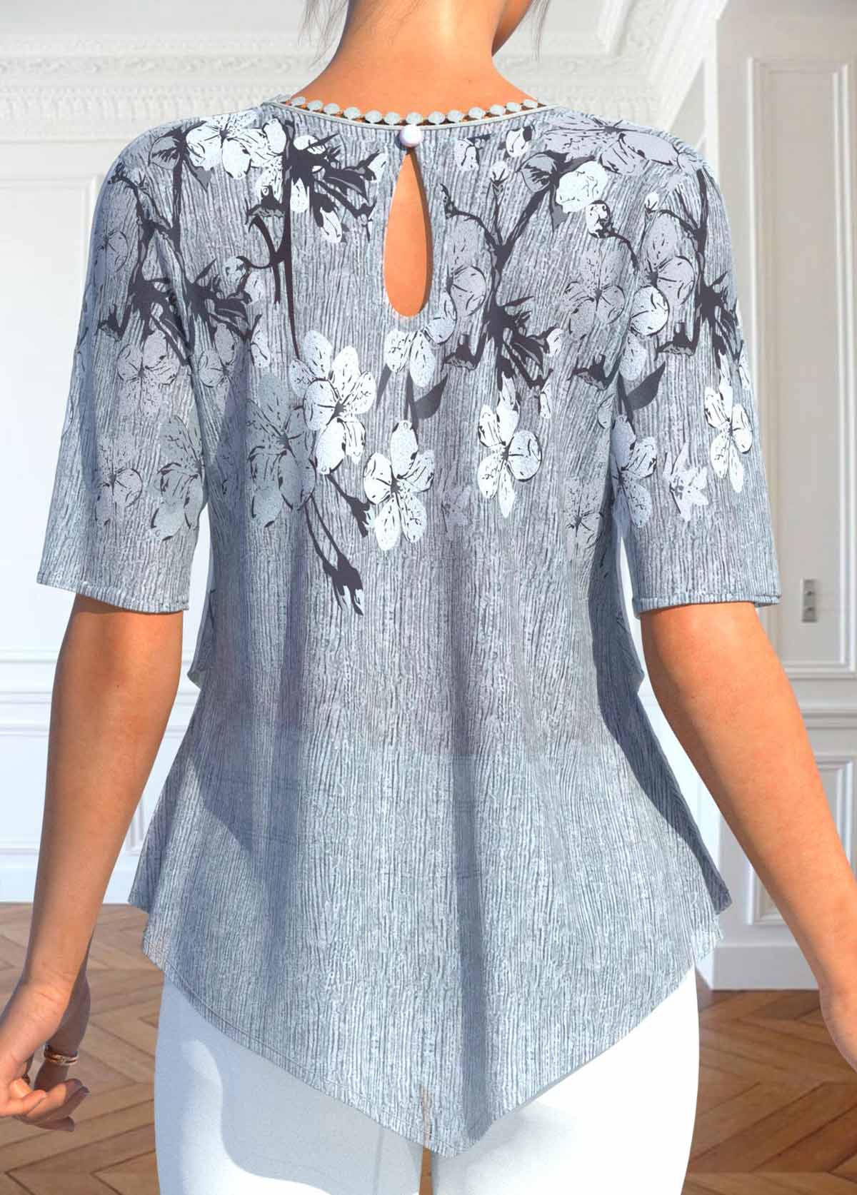 Shein Grey Layered Floral Print Blouse