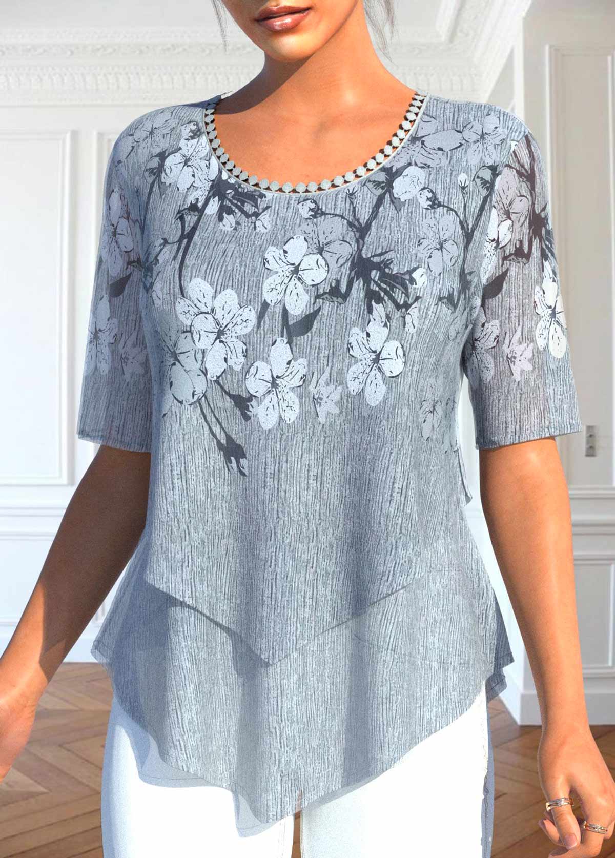 Shein Grey Layered Floral Print Blouse