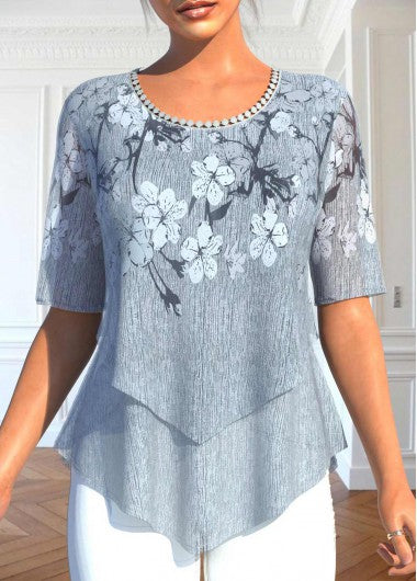 Shein Grey Layered Floral Print Blouse