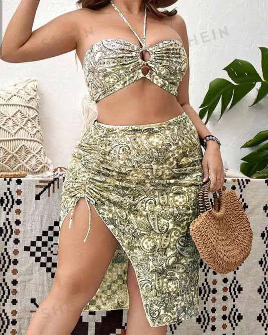 SHEIN VCAY 3pcs Paisley Bikini & Skirt Set