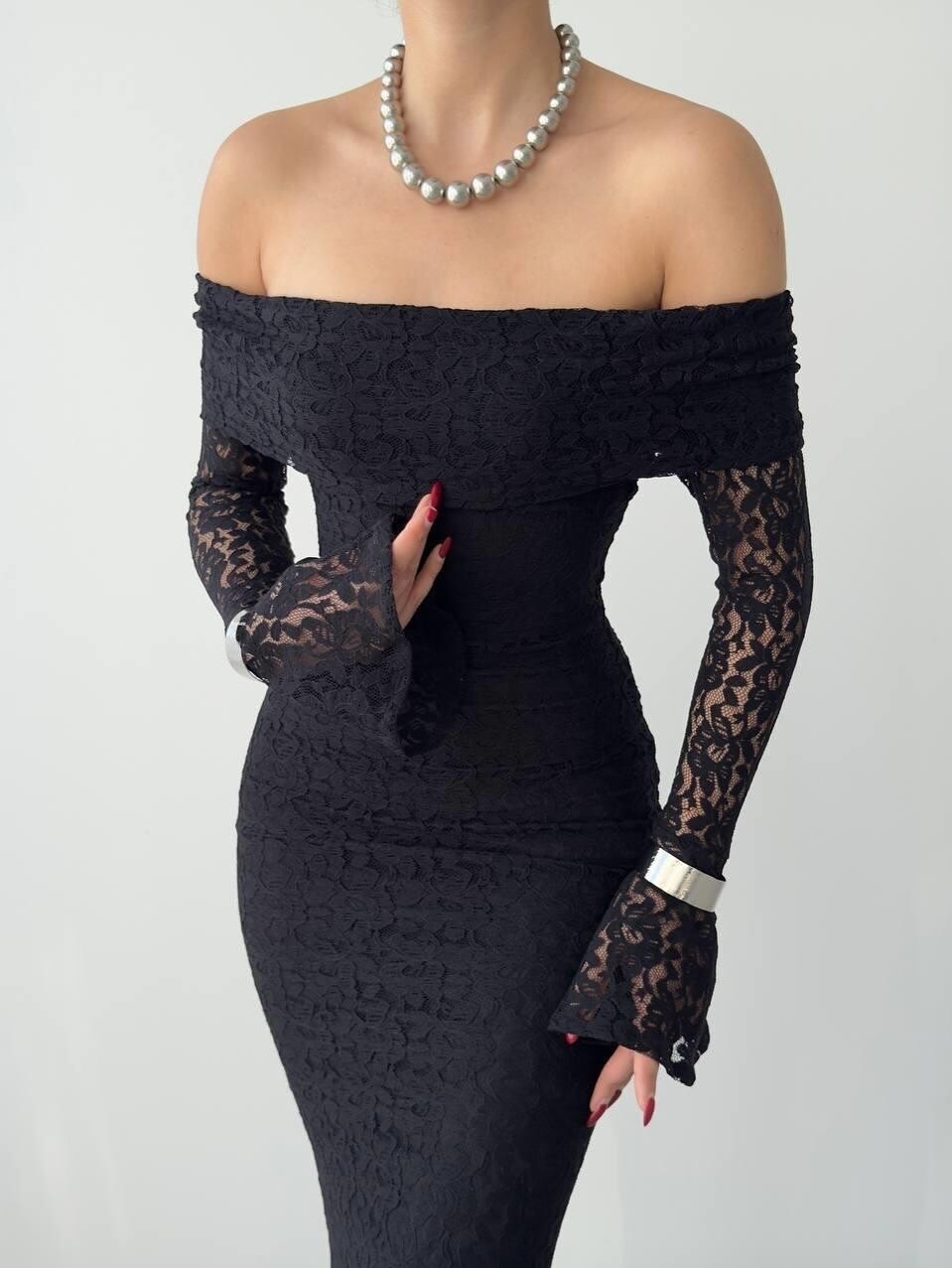 The Ethereal Off-Shoulder Lace Gown - Black