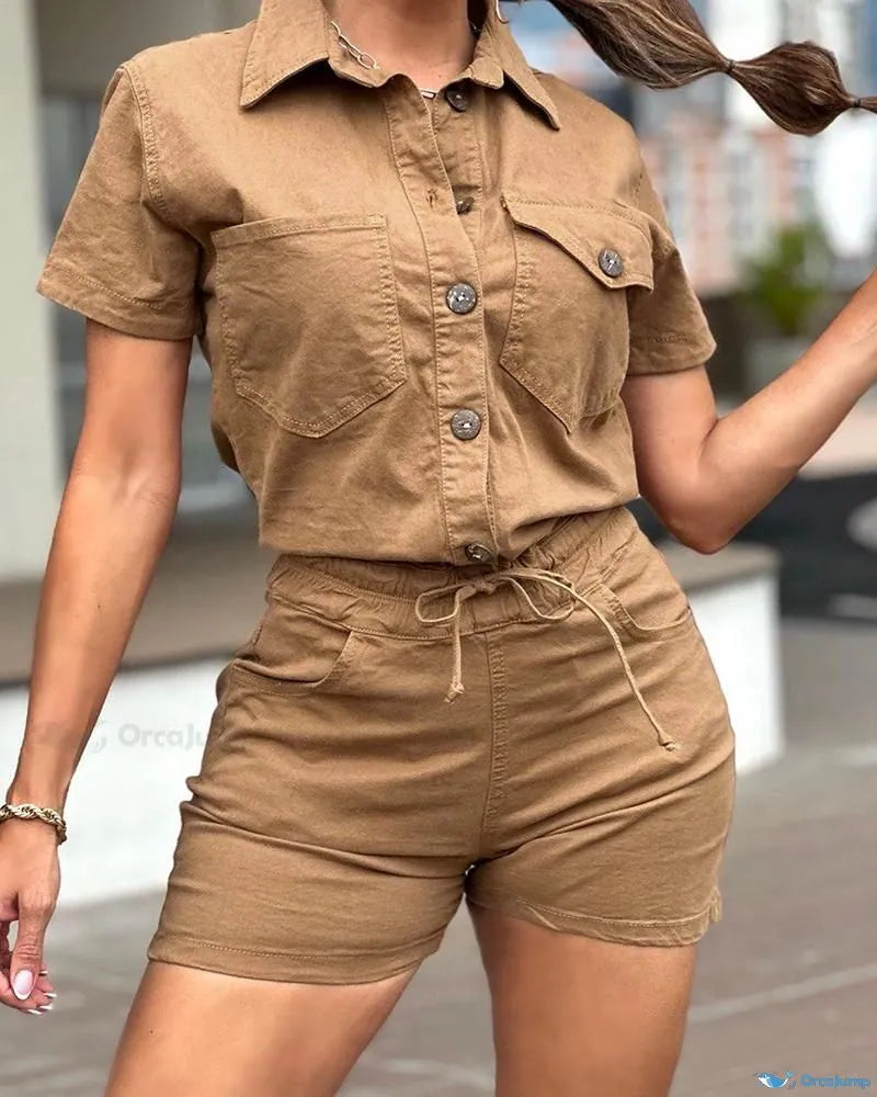 Stylish Buttoned Cargo Shirt & Drawstring Shorts Set