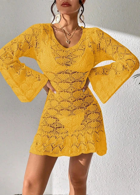 SHEIN Open Back Crochet Beach Dress – Yellow