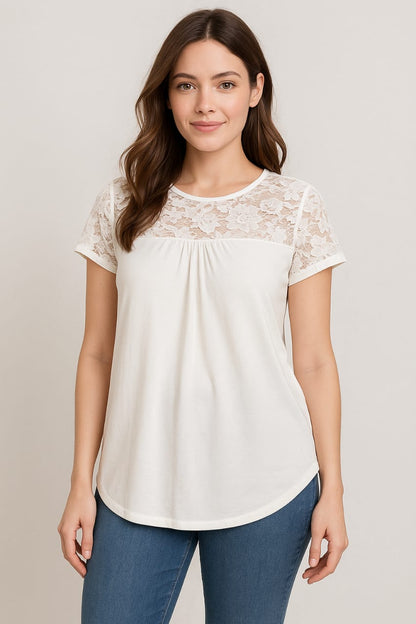 SHEIN Clasi Lace Yoke Casual Tee