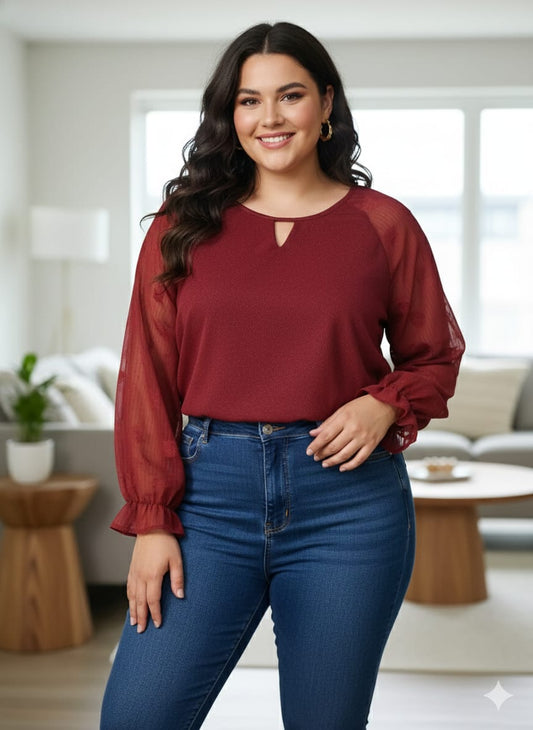 Plus Size Wine Shimmer Sleeve Blouse