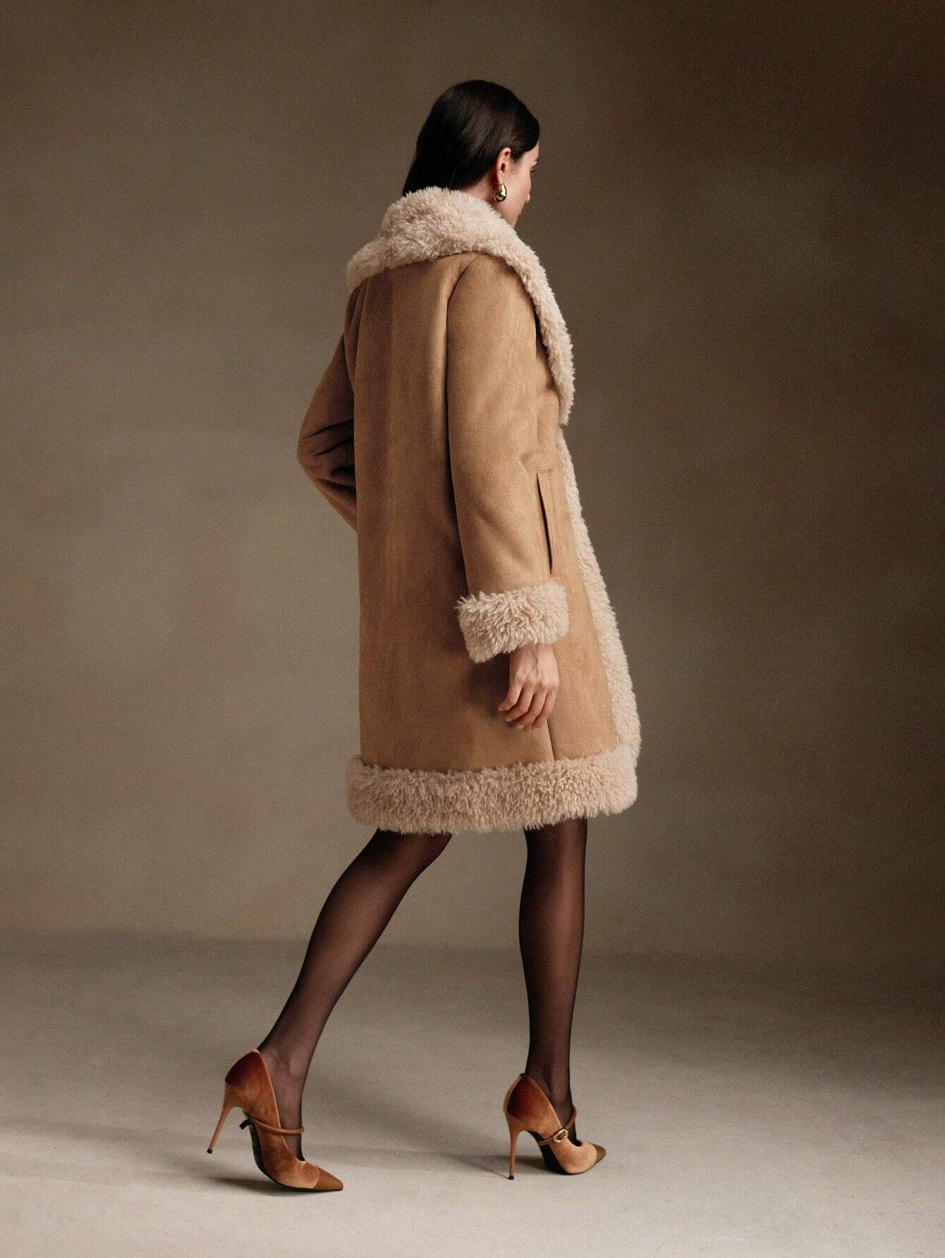 Anewsta Fur Trim Tailored Mid-Length Jacket