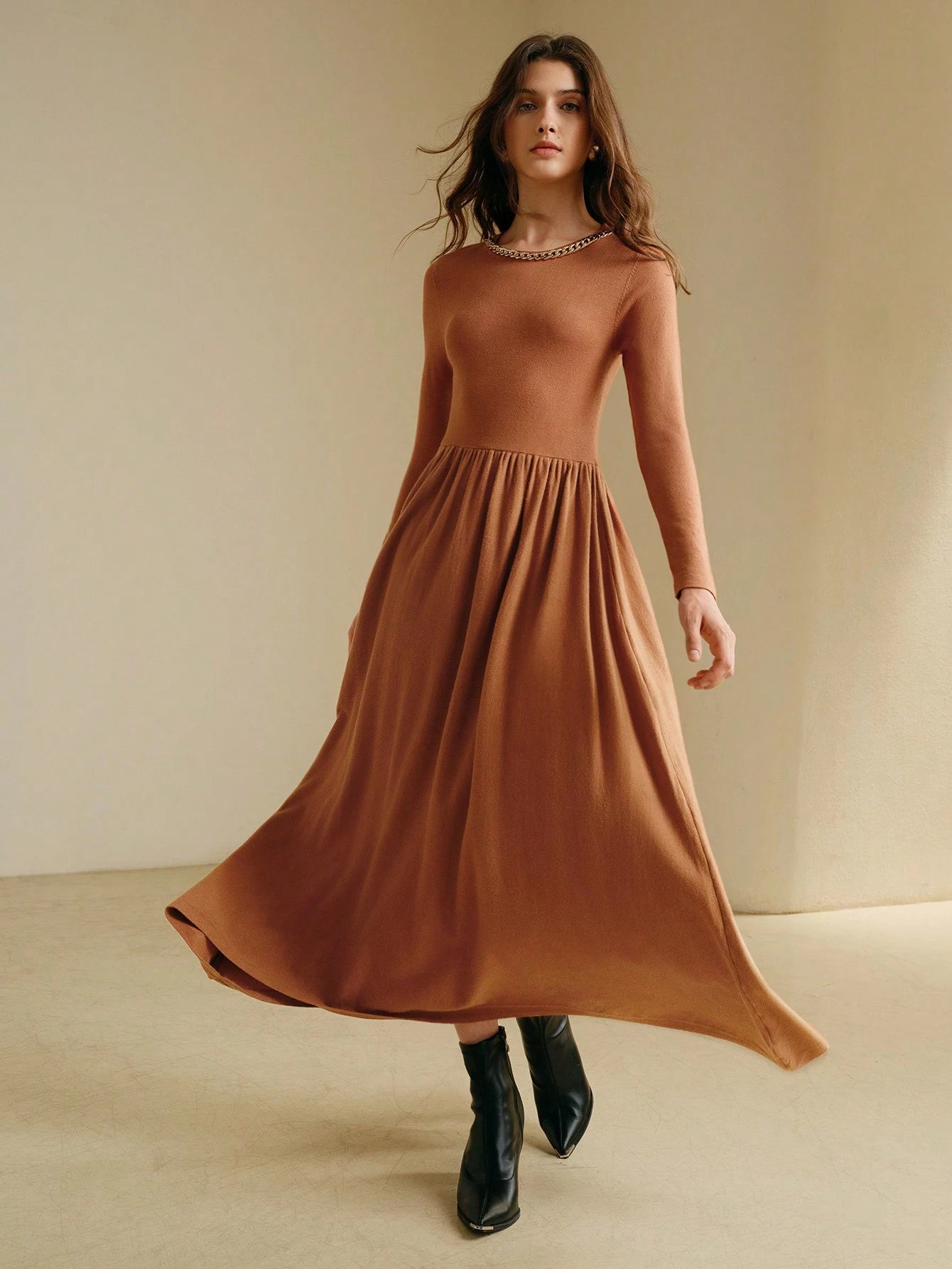 Anewsta Ruched Minimalist Knit Sweater Dress