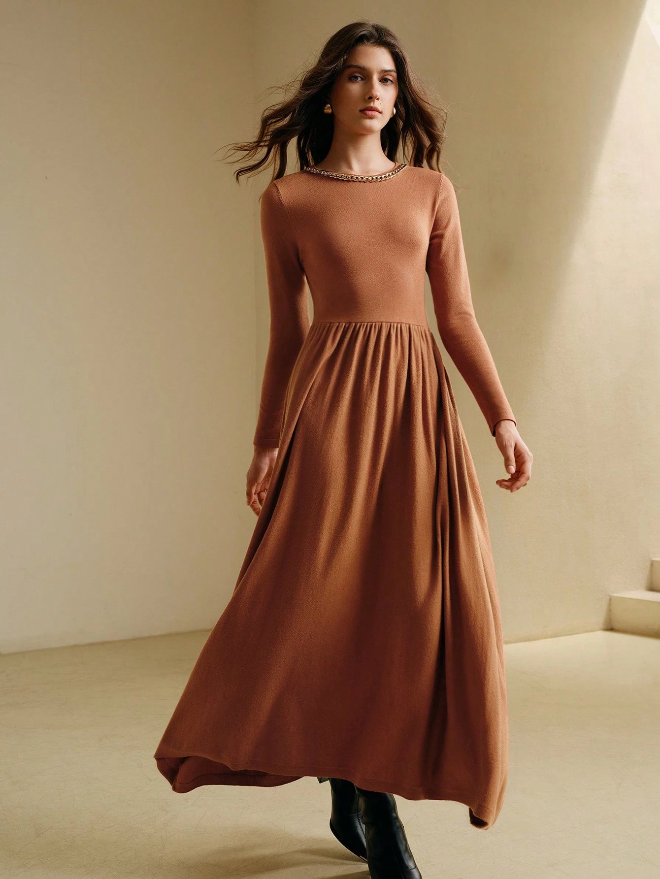 Anewsta Ruched Minimalist Knit Sweater Dress