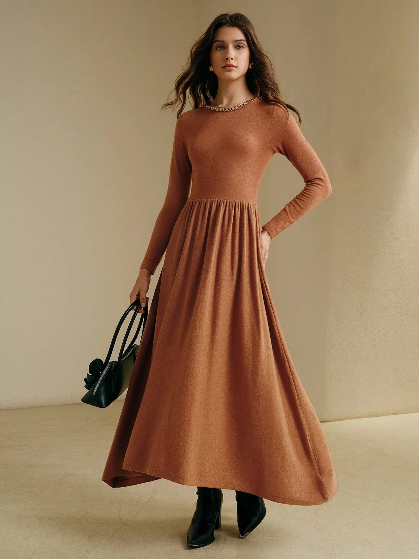 Anewsta Ruched Minimalist Knit Sweater Dress