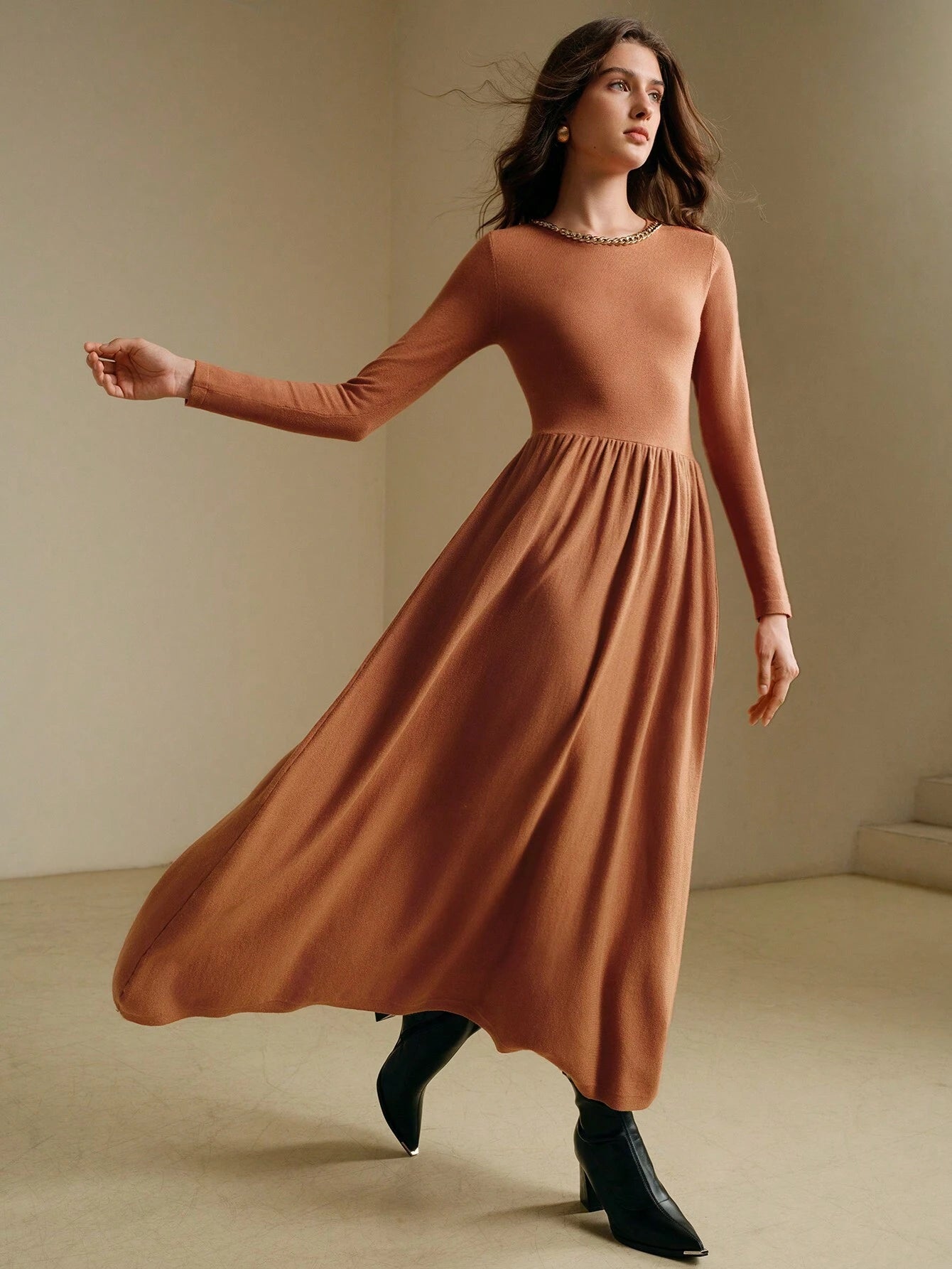 Anewsta Ruched Minimalist Knit Sweater Dress