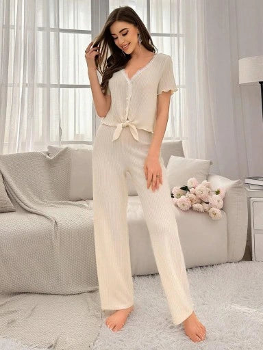 SHEIN Lounge Ribbed Knit Lace Trim Set
