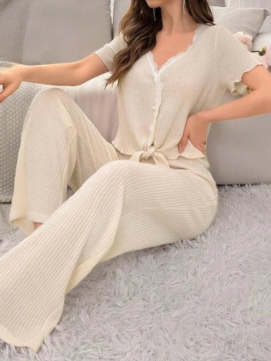 SHEIN Lounge Ribbed Knit Lace Trim Set