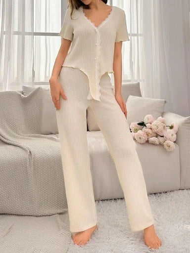 SHEIN Lounge Ribbed Knit Lace Trim Set