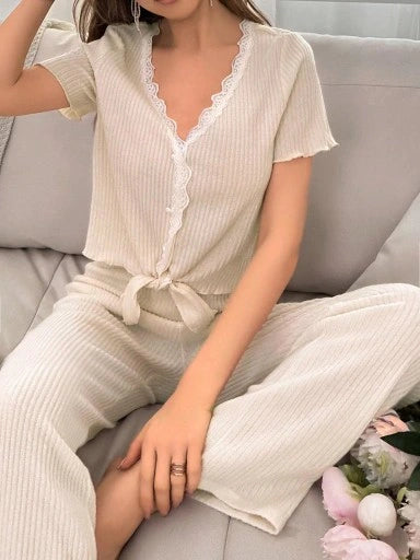 SHEIN Lounge Ribbed Knit Lace Trim Set