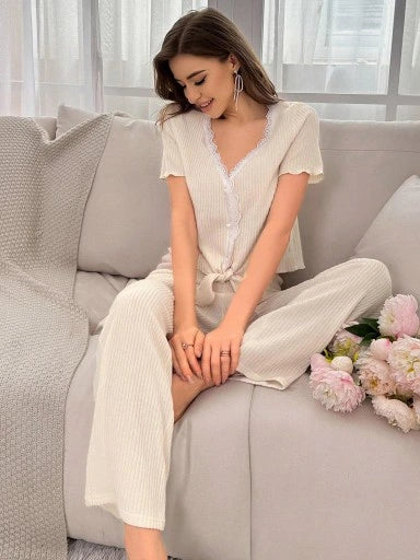 SHEIN Lounge Ribbed Knit Lace Trim Set