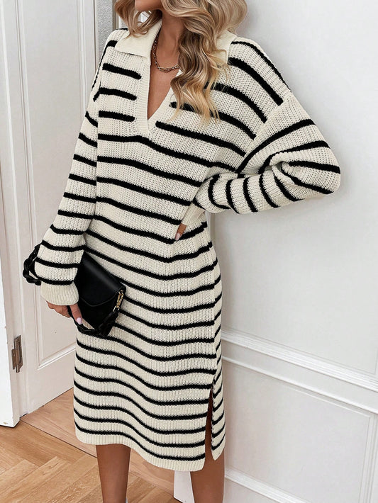Calvaya Striped Drop Shoulder Split Thigh Sweater Dress
