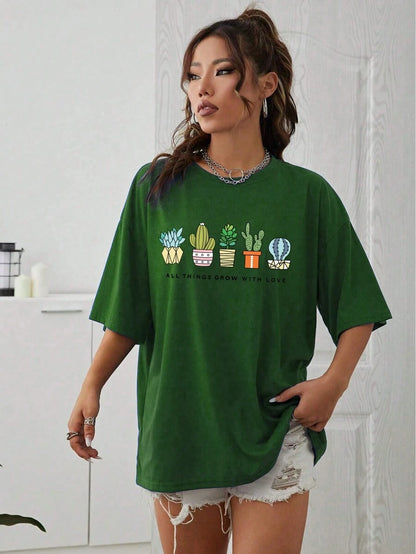 SHEIN Cactus T-shirt with slogan print