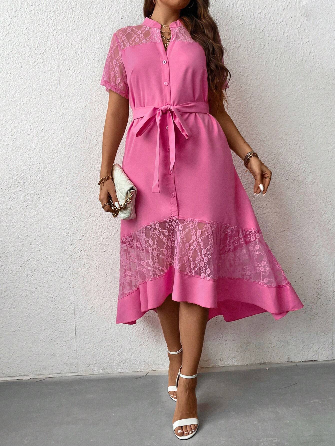 Celure Plus Lace Patchwork Button Dress