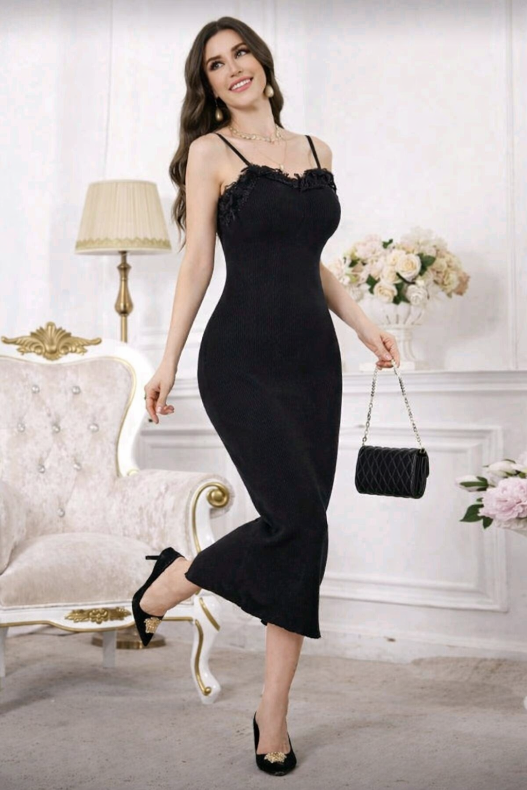 SHEIN - Lace Trim Cami Bodycon Midi Dress