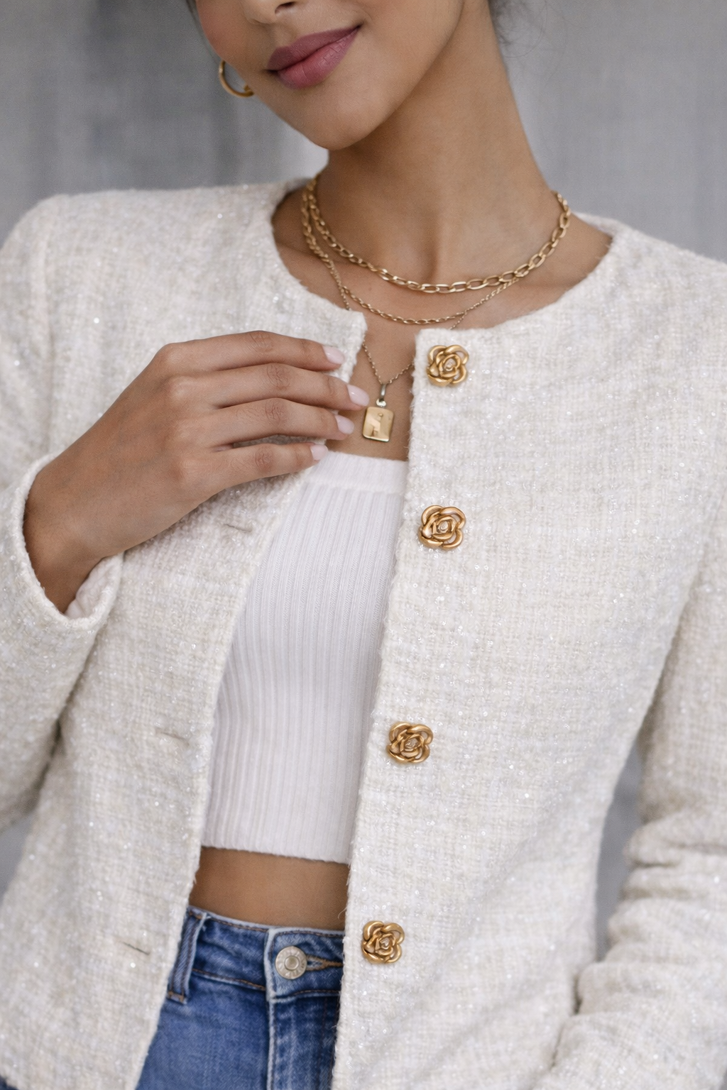 SHEIN Frenchy - Floral Button White Tweed Jacket