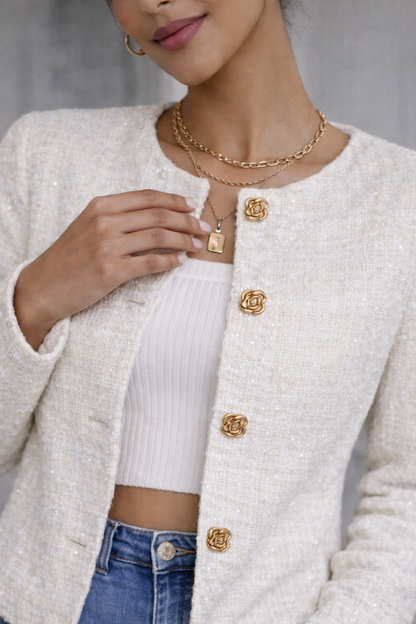 SHEIN Frenchy - Floral Button White Tweed Jacket