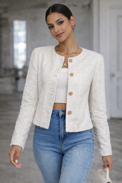 SHEIN Frenchy - Floral Button White Tweed Jacket