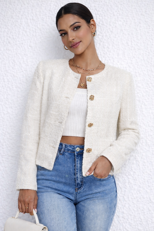 SHEIN Frenchy - Floral Button White Tweed Jacket