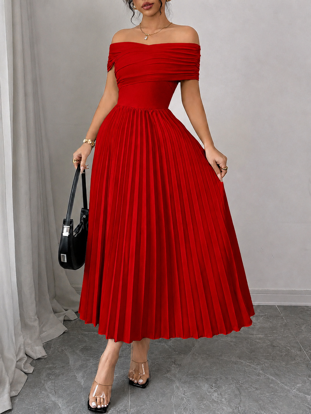 THE SCARLET INFINITE DRAPE PLEATED DRESS