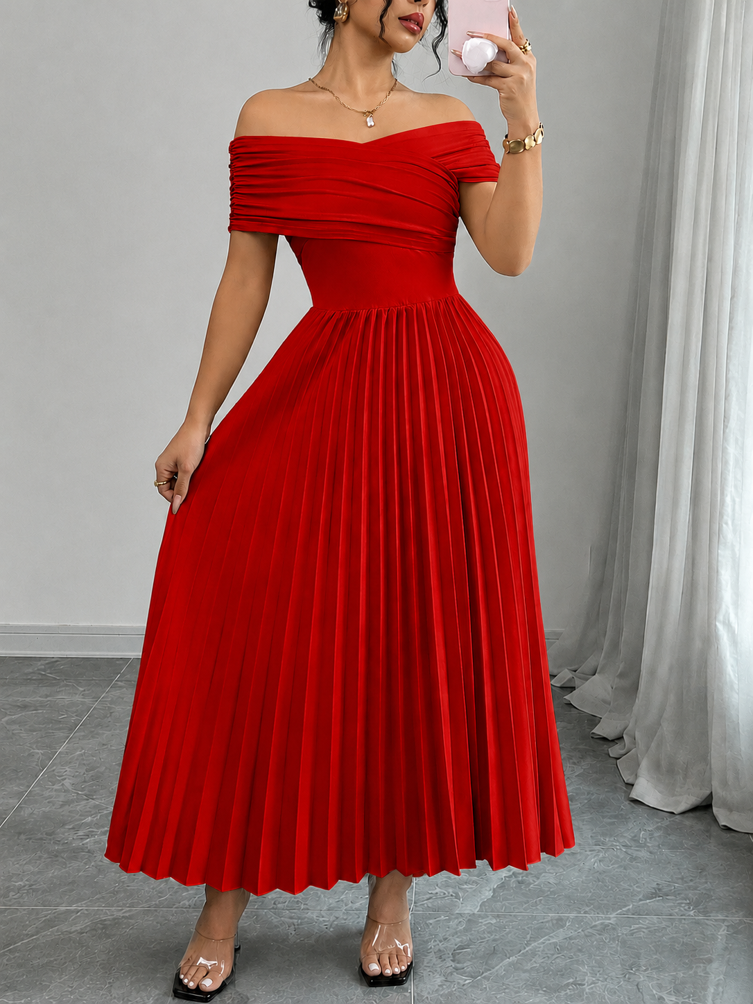 THE SCARLET INFINITE DRAPE PLEATED DRESS