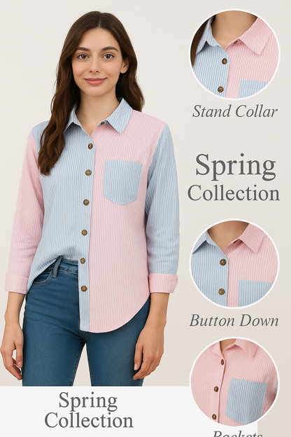 Color Block Striped Print Blouse