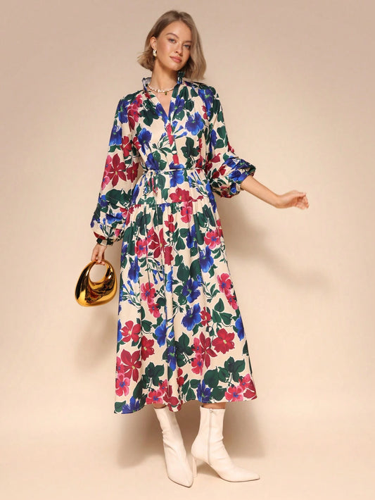 SHEIN Chiquease Floral Tie-Waist Midi Dress