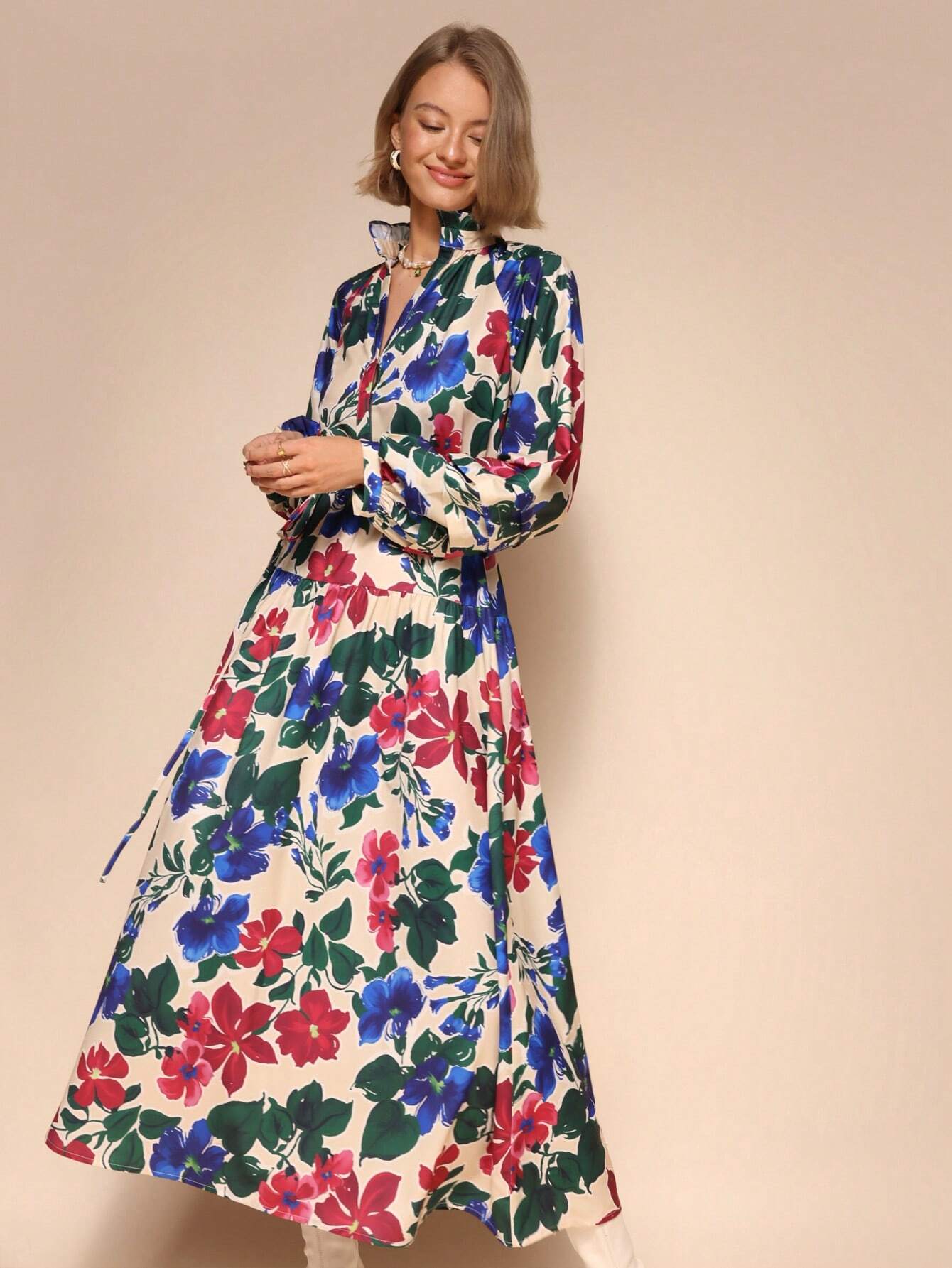 SHEIN Chiquease Floral Tie-Waist Midi Dress