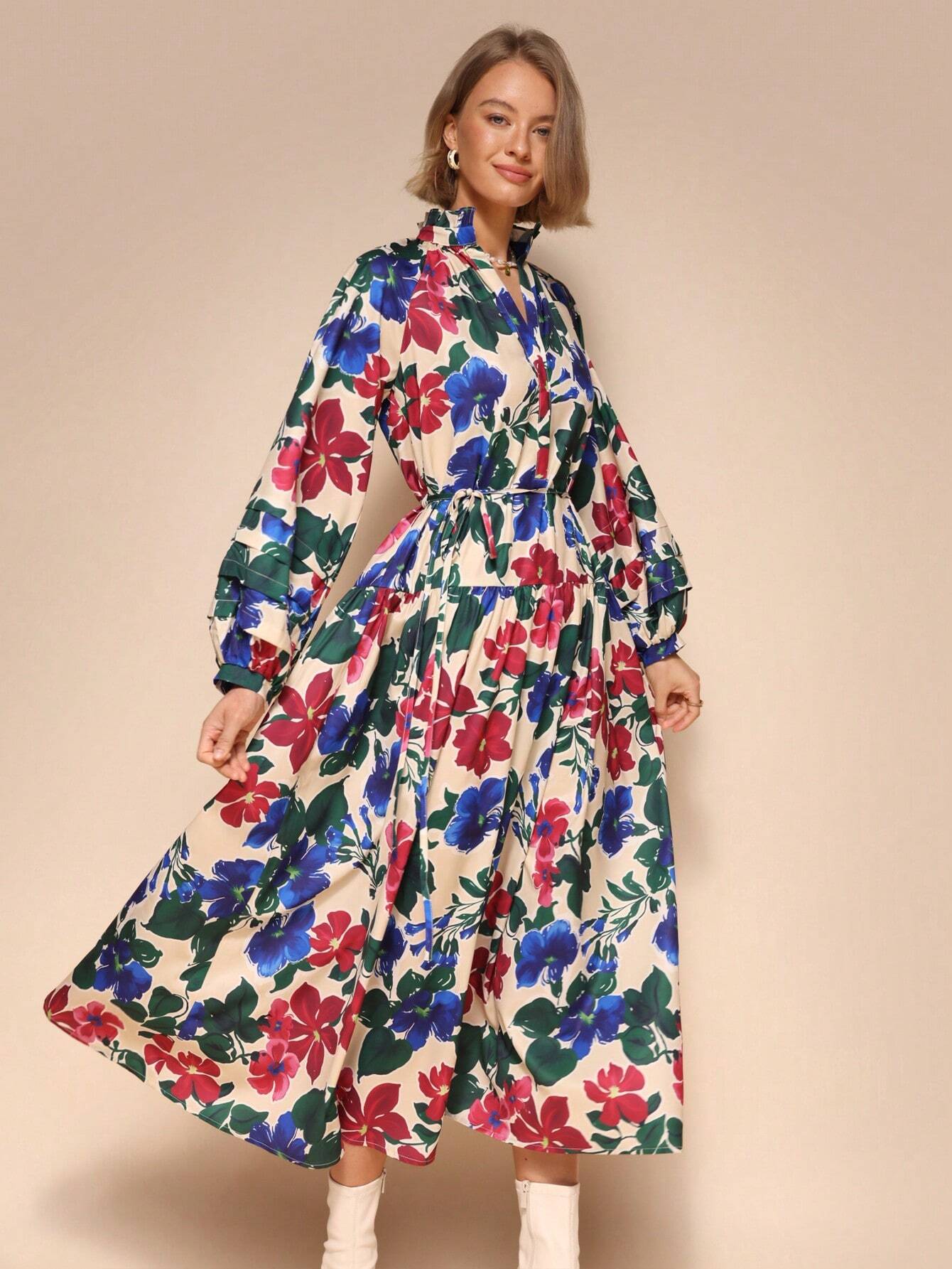 SHEIN Chiquease Floral Tie-Waist Midi Dress