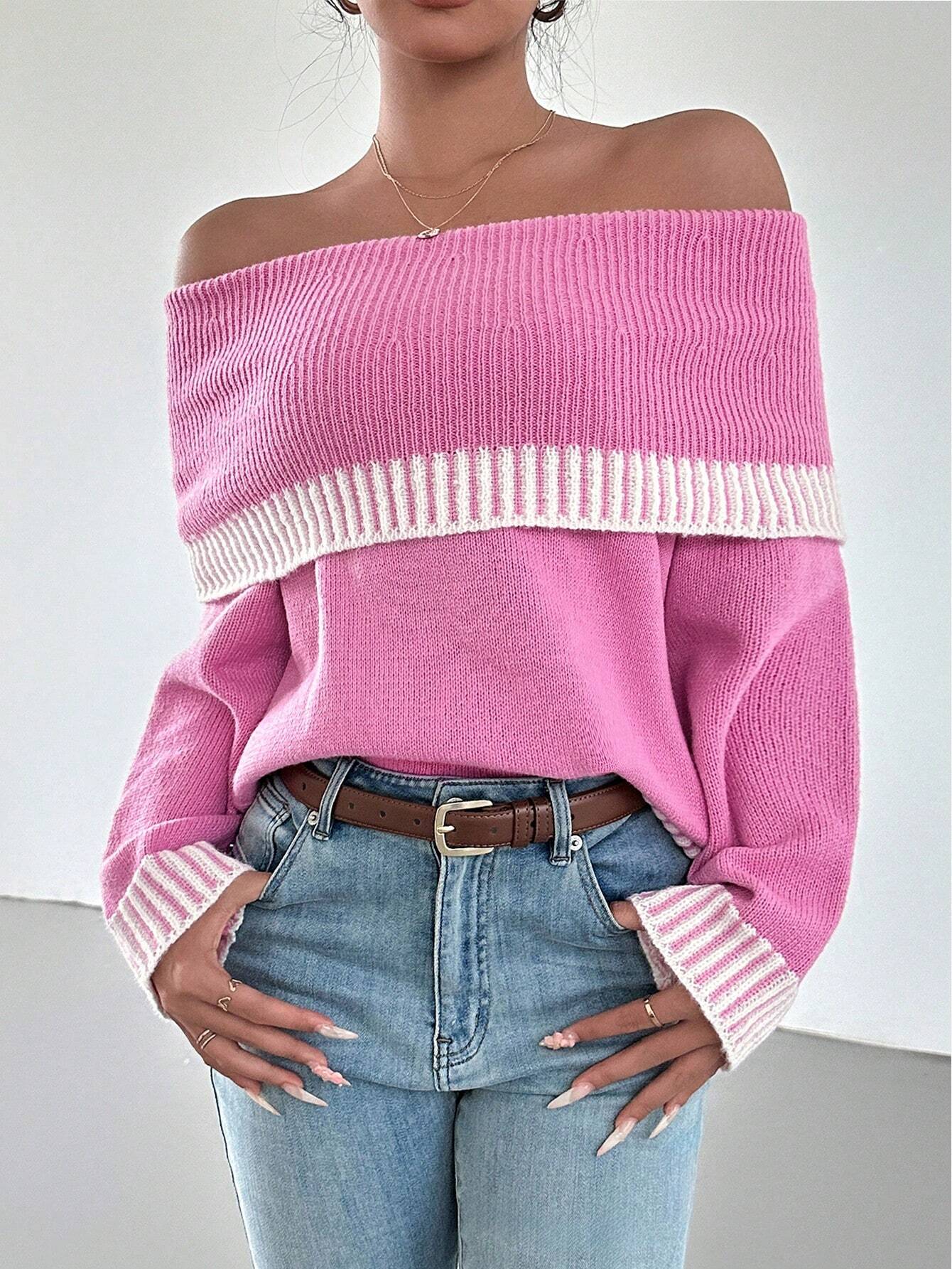 Chiquease Contrast Trim Off-Shoulder Knit Sweater
