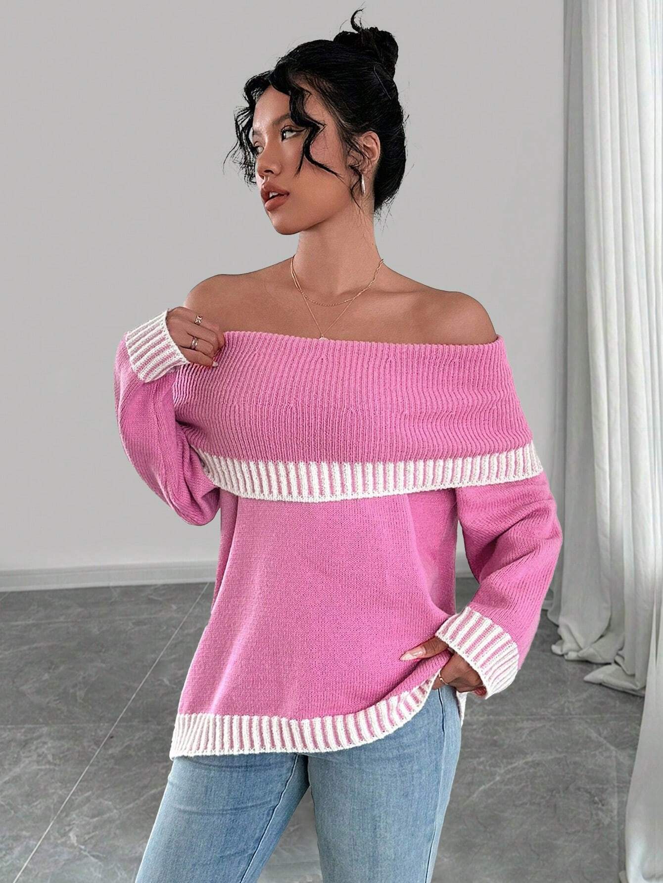 Chiquease Contrast Trim Off-Shoulder Knit Sweater