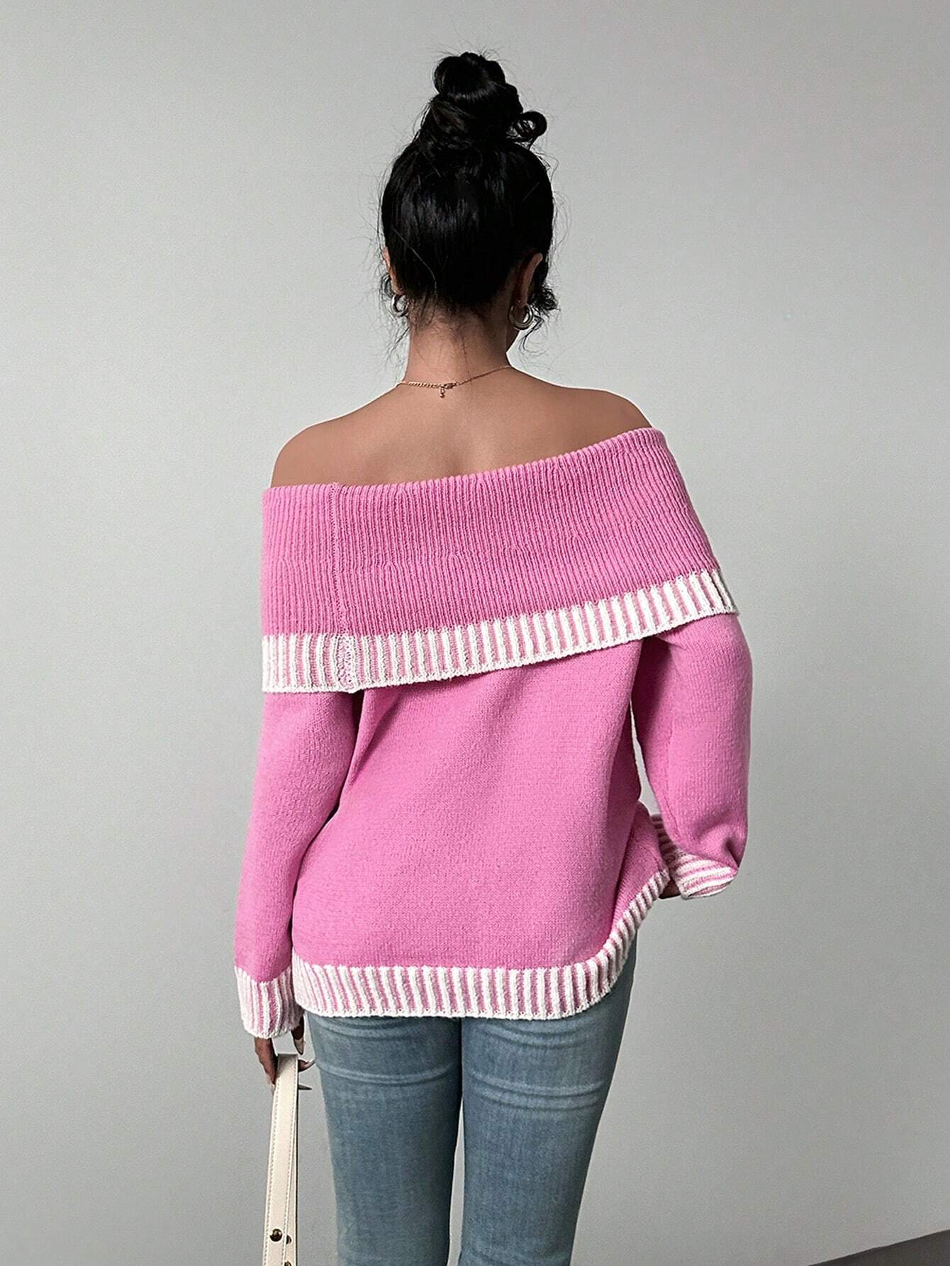 Chiquease Contrast Trim Off-Shoulder Knit Sweater