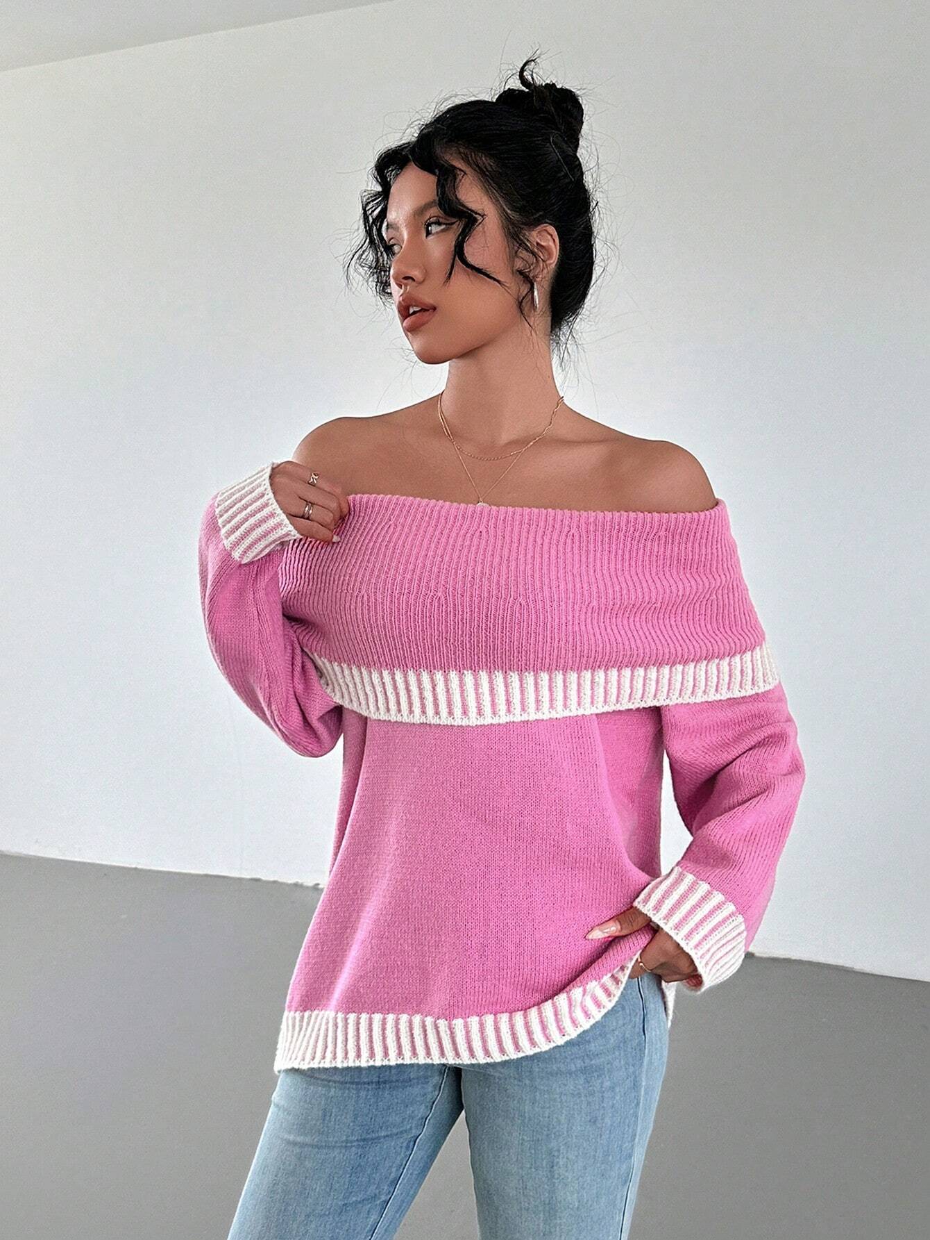 Chiquease Contrast Trim Off-Shoulder Knit Sweater